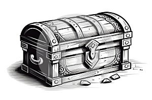 closed piratic treasure chest on white background, vintage engraving black and white illustration photo
