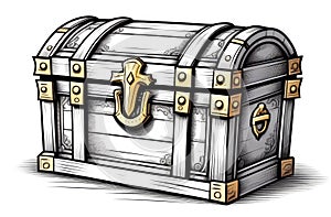 closed piratic treasure chest on white background, vintage engraving black and white illustration