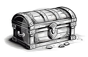 closed piratic treasure chest on white background, vintage engraving black and white illustration