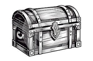 closed piratic treasure chest on white background, vintage engraving black and white illustration