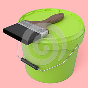 Closed plastic can or buckets with paint bristle brush on pink background.