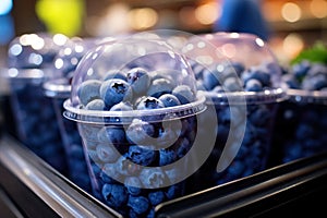 Closed plastic cup with blueberries on store shelf. Healthy ready-to-go berry snack in convenient to take away container