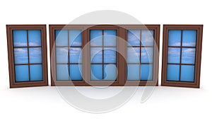 Closed plastic windows with blue sky and clouds