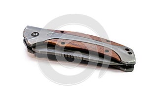 Closed pocket knife with wood handle
