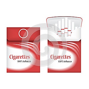 Closed red pack of cigarettes. Open pack of cigarettes. Cigarettes pack icon. Cigarettes pack illustration