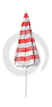 Closed red striped beach umbrella isolated on white