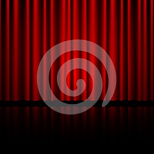 Closed red theater curtain with reflection in bottom. Background for banner or poster. Vector illustration