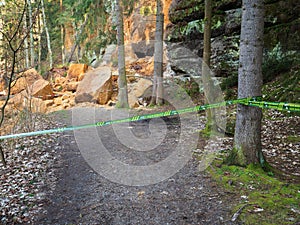 Closed road due collapsed rocks massive and slope