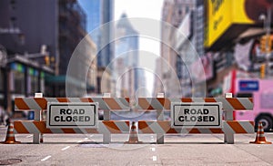 Closed road text sign, street barriers and traffic cones downtown, city center background. 3d illustration