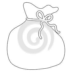 Closed sack or big bag full of gifts, doodle style flat vector outline for kids coloring book