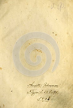 Closed seamless image of old yellowed sheet of paper with dark spots and a facsimile of the inscription.