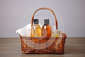 closed shampoo, conditioner and shower gel bottles basket