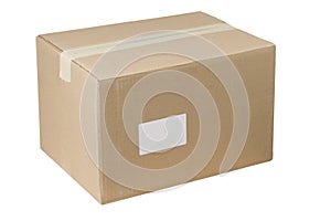 Closed shipping cardboard box whit and empty tag