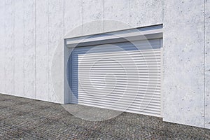 Closed shutter door or roller door on gate building, 3d rendering