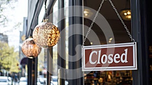 Closed Sign Hanging on Storefront Door with Reflections