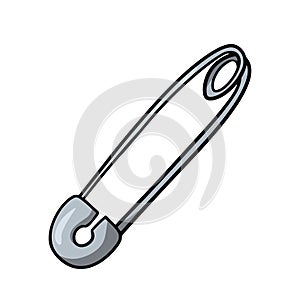Closed silver safety pin, vector illustration in cartoon