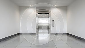 Closed stainless steel elevator doors in a modern building hallway.