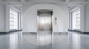 Closed stainless steel elevator doors in a modern building hallway.