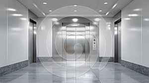 Closed stainless steel elevator doors in a modern building hallway.