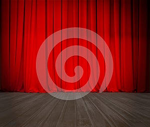 Closed theater red curtain and wood stage or scene