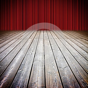 Closed theater red curtains and wooden floor against a cloudy sky - concep timage