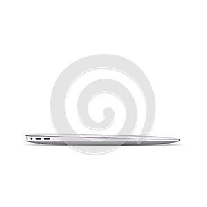 Closed thin laptop with USB ports. Portable computer isolated on white background