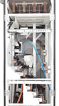 Closed up copper busbar install inside main distribution panel