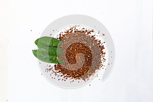 Closed up Heap of Ground Coffee on white background. Extract coffee beans to powder for make any beverage of coffee.