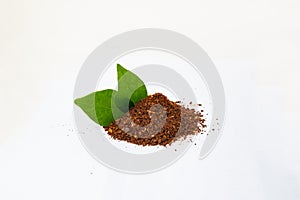 Closed up Heap of Ground Coffee on white background. Extract coffee beans to powder for make any beverage of coffee