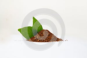 Closed up Heap of Ground Coffee on white background. Extract coffee beans to powder for make any beverage of coffee