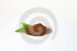 Closed up Heap of Ground Coffee on white background. Extract coffee beans to powder for make any beverage of coffee.