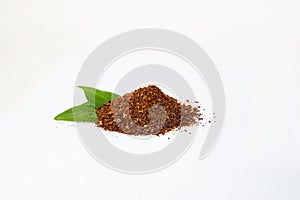 Closed up Heap of Ground Coffee on white background. Extract coffee beans to powder for make any beverage of coffee.