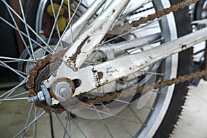 Closed up of rusty bicycle rear wheel