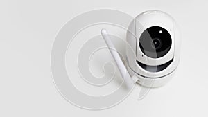 Closed up of Smart home wireless security camera isolated on white background, using for security monitoring