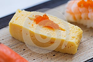 Closed-Up Tamago Yaki with Ebiko Inside.