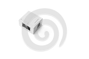 Closed up telephone line splitter on white background