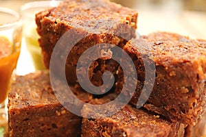 Closed up texture of deep fried crispy minced pork cubes,