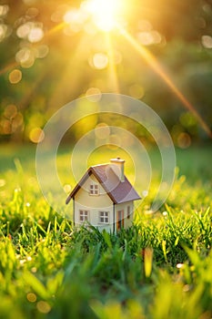 Closed up tiny home model on green grass with sunlight background