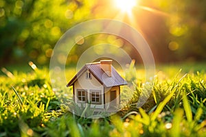 Closed up tiny home model on green grass with sunlight background