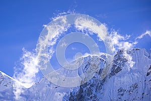 Closed up view of Everest peak with clouds from Gorak Shep. During the way to Everest base camp.