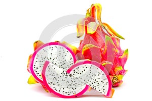 Closed up Vivid and Vibrant Dragon Fruit against for sale in a local food market. dragon fruits isolated against white background