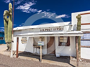 Closed US Post Office and Cactus in Quartzsite,. West, Highway