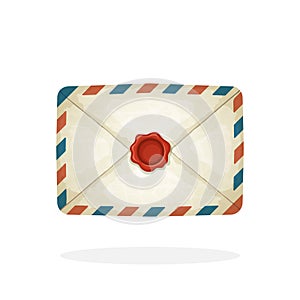 Closed vintage mail envelope with red wax seal