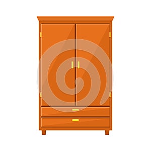 Closed wardrobe isolated on white background. Natural wooden Furniture. Wardrobe icon in flat style. Room interior photo
