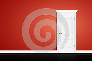 Closed white door on red wall. Vector