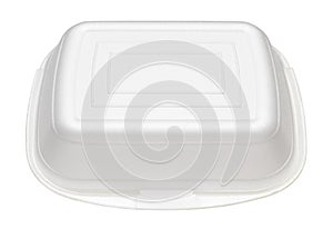 Closed, white foam food container, isolated on a white background