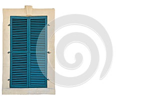 Closed window with blue wooden shutters. Italian style in architecture. Isolated on white background. Space for text