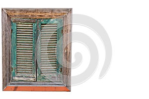 Closed window with green wooden shutters. Italian style in architecture. Isolated on white background. Space for text