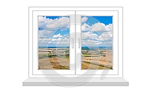 closed window with a kind on rural landscape on a white background