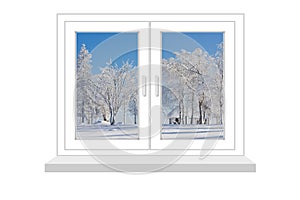 Closed window with a kind on winter landscape